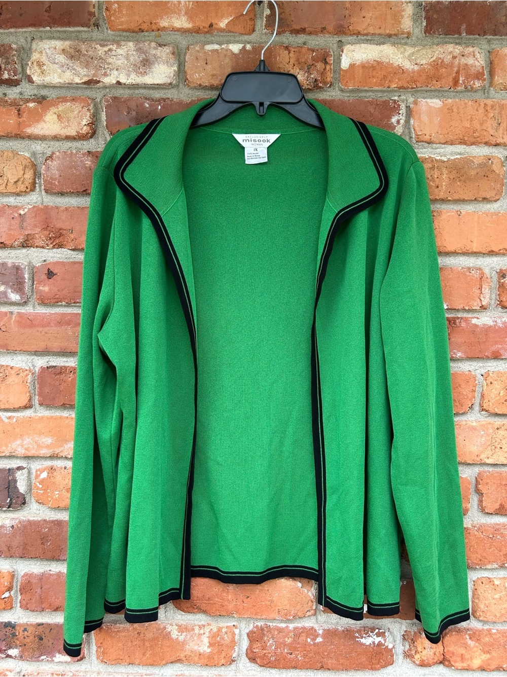 Misook Women's Green Open-Front Sweater Jacket Black Trim 1X